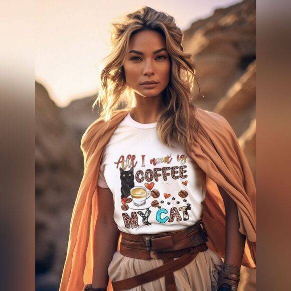 Graphic Print V-Neck T-Shirt All I Need is Coffee and my Cat T-Shirt - Picture 9 of 10